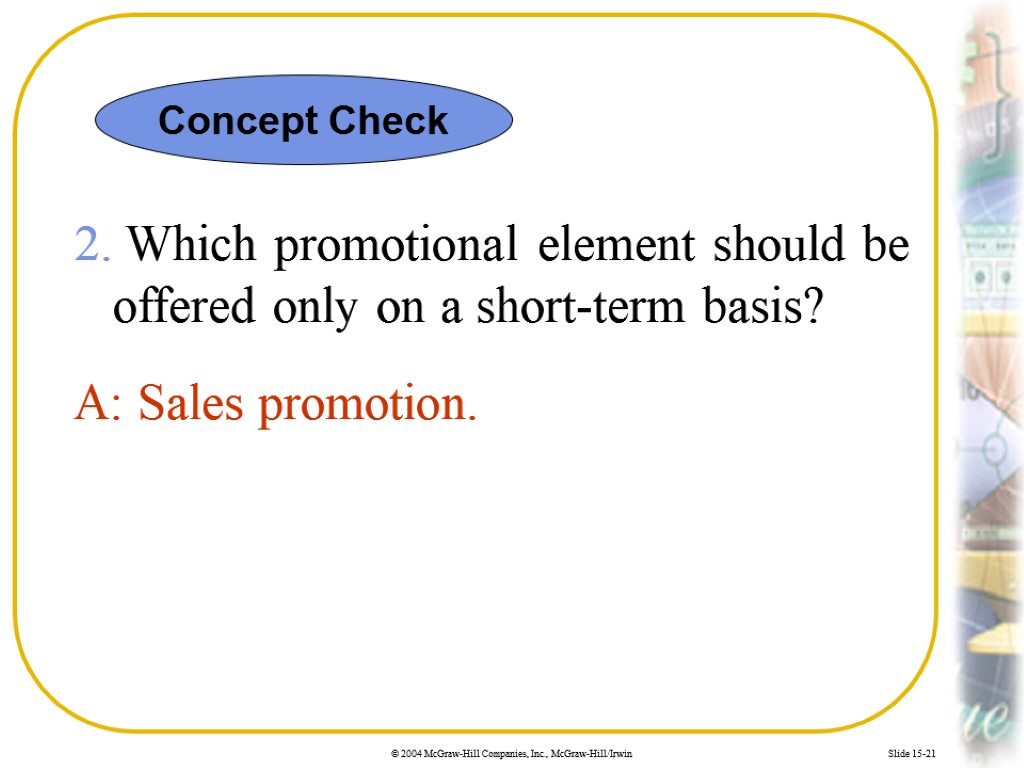 Slide 15-21 2. Which promotional element should be offered only on a short-term basis?